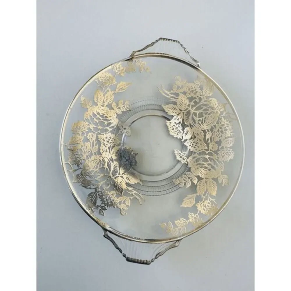 Vintage Floral‎ Leaf Silver Overlay Glass Plate W/Handles Silver Trim 8